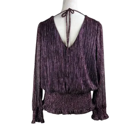 Joie Black & Pink Metallic Textured Ribbed Smocked Waist Long Sleeve Blouse - Picture 3 of 11